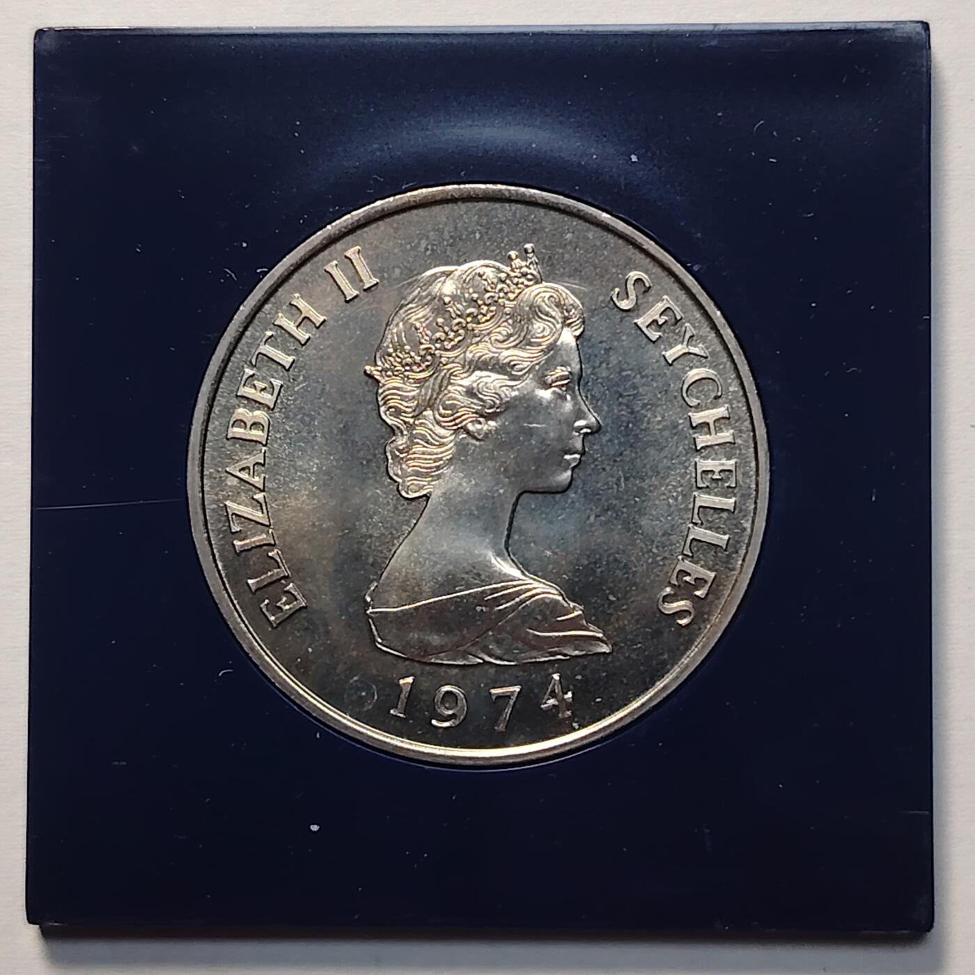 布加迪🐬～世界钱币(上海)🌾第 260 期 /  各国套币和散币 塞舌尔🇸🇨 1974年 10卢比 克朗币