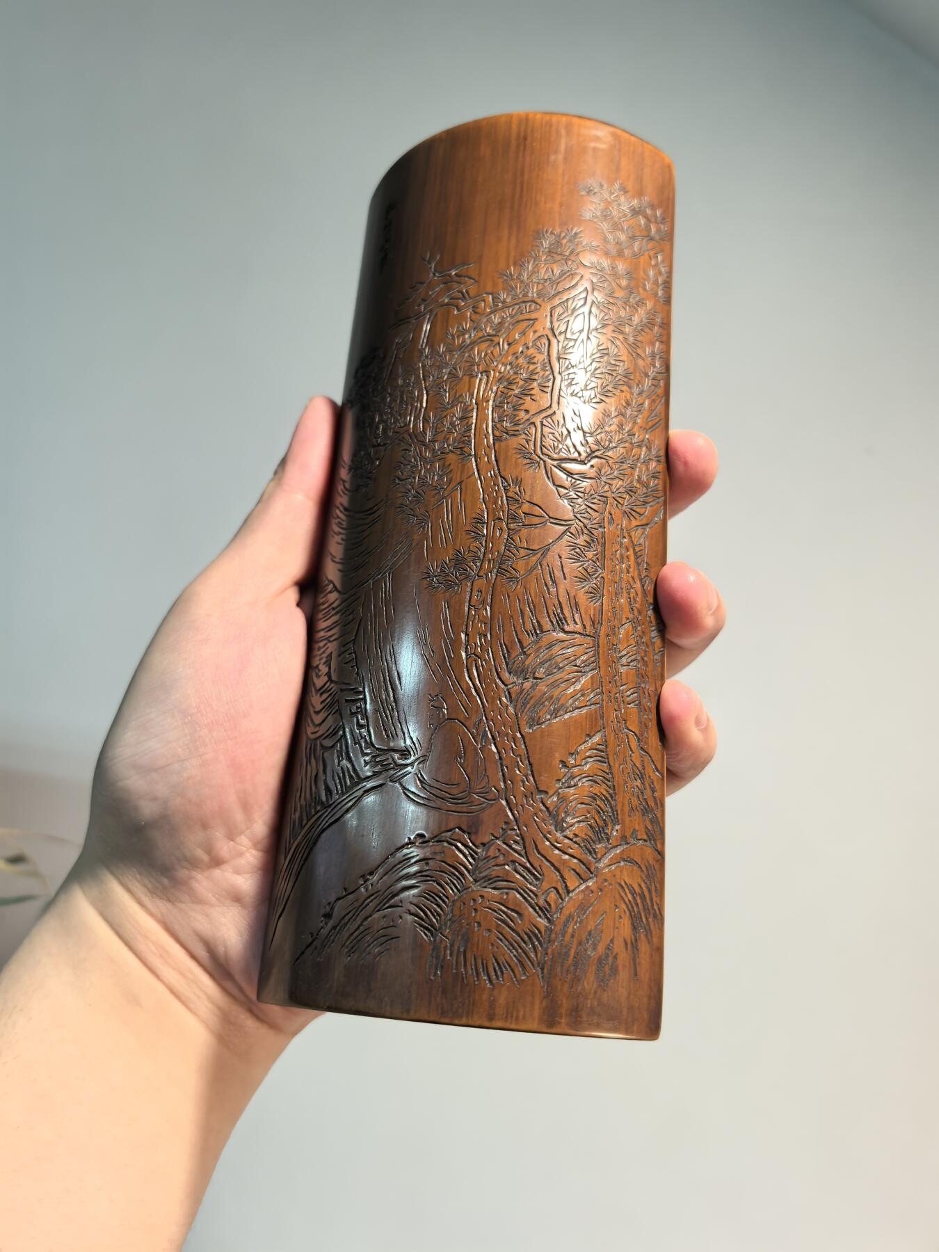 兰馨堂古玩杂项专场 老竹雕风景诗文臂搁镇纸摆件 双面雕工