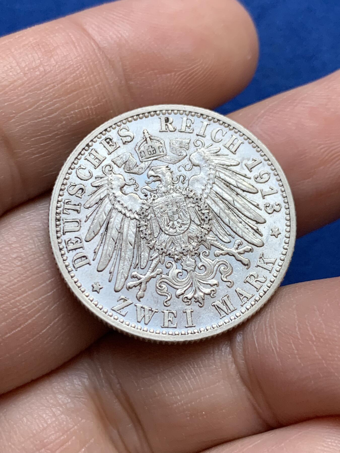 《竞宝斋》第439场 周日，周一，周二 3场连拍 （全场包邮） 德国1913年符登堡2马克银币 好品