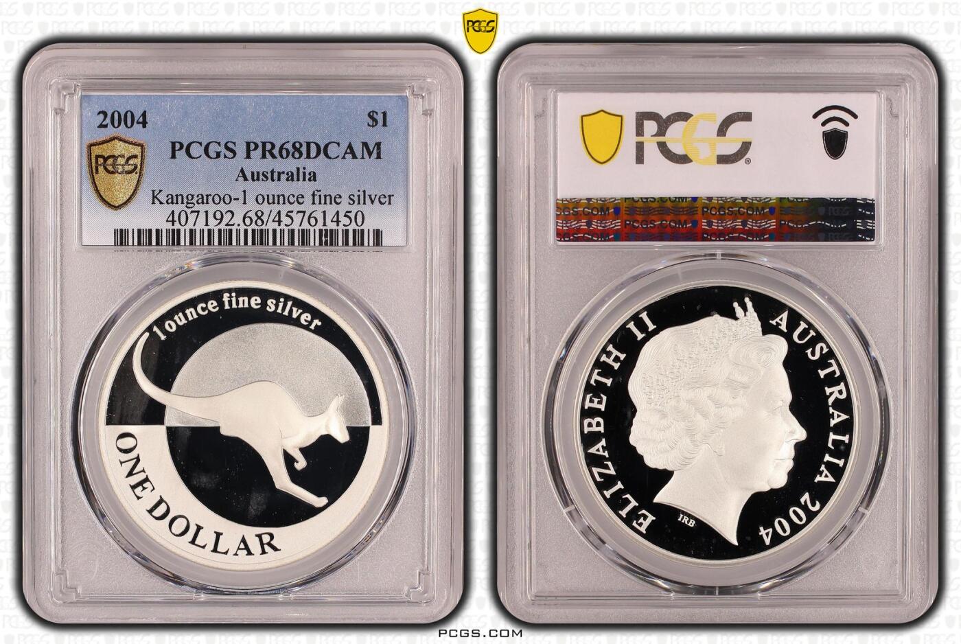 PThappally收藏第54次拍卖，英联邦地区硬币纸币 澳大利亚 2004 年  1 澳元 31.1035g  银币 PCGS PR68DCAM
