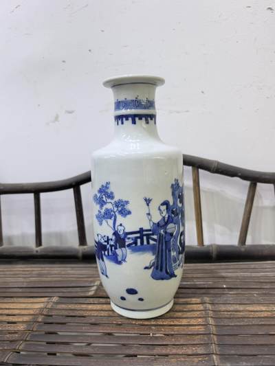 回流青花瓷器花卉山石人物棒槌瓶