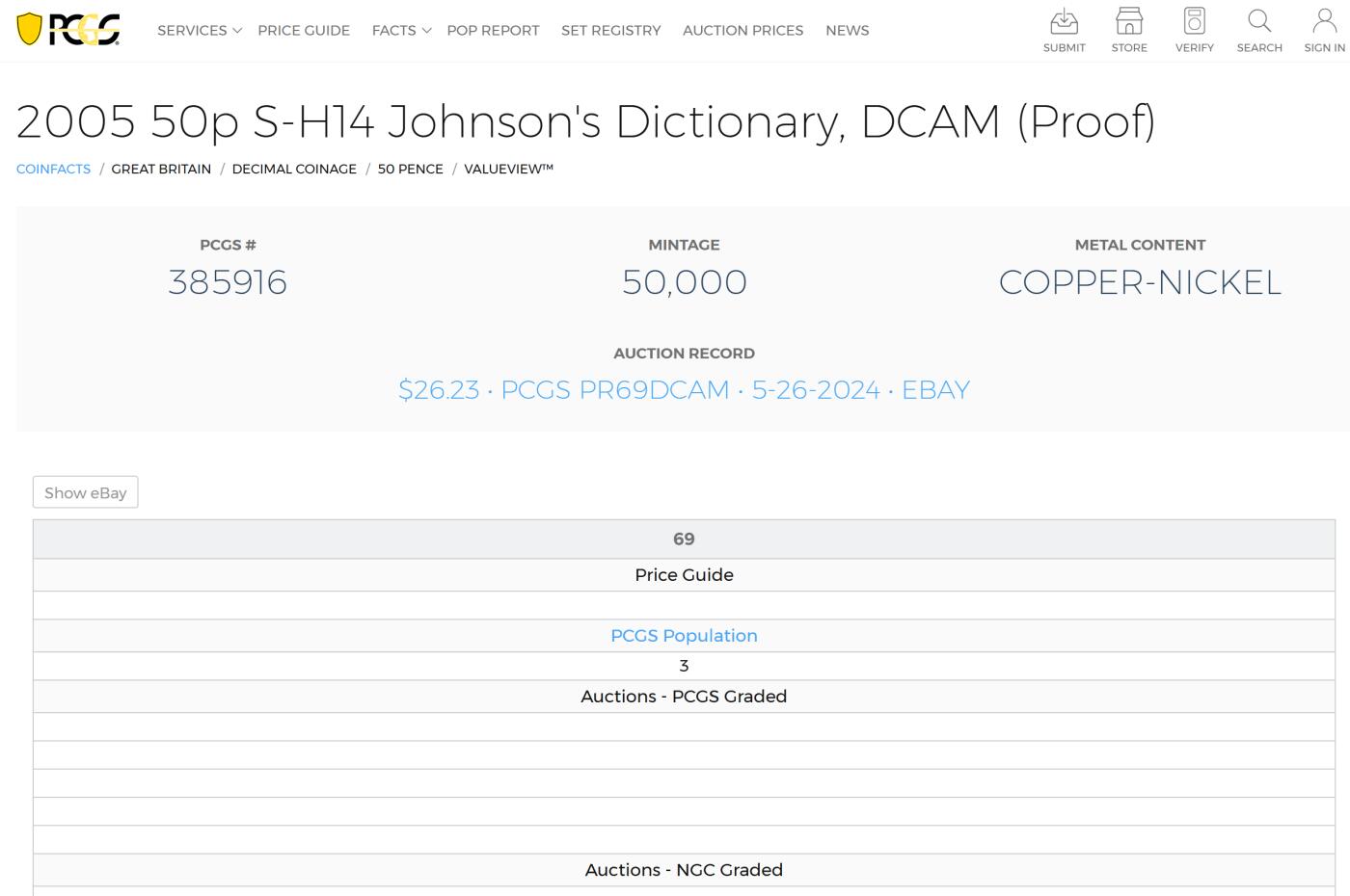 PThappally收藏第54次拍卖，英联邦地区硬币纸币  英国  2005 年  50 便士  铜镍币  8g PCGS PR69DCAM 