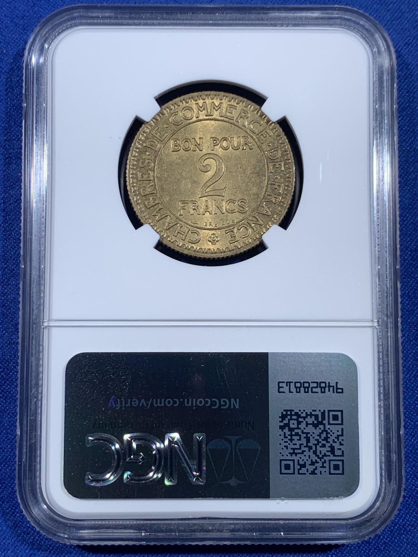 《竞宝斋》第439场 周日，周一，周二 3场连拍 （全场包邮） NGC MS63 法国1922商会2F 正面墨丘利（商业之神-丰饶和商业成功的象征）