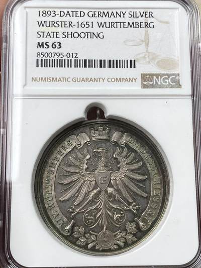 万国钱币拍卖第055期 - NGC MS63 1893年德国符腾堡第十四届射击节纪念大银章 帝国鹰出现在符腾堡州章面少见 背面城市风格大教堂刻画极其细腻精致 镜面环篮调彩浆极美