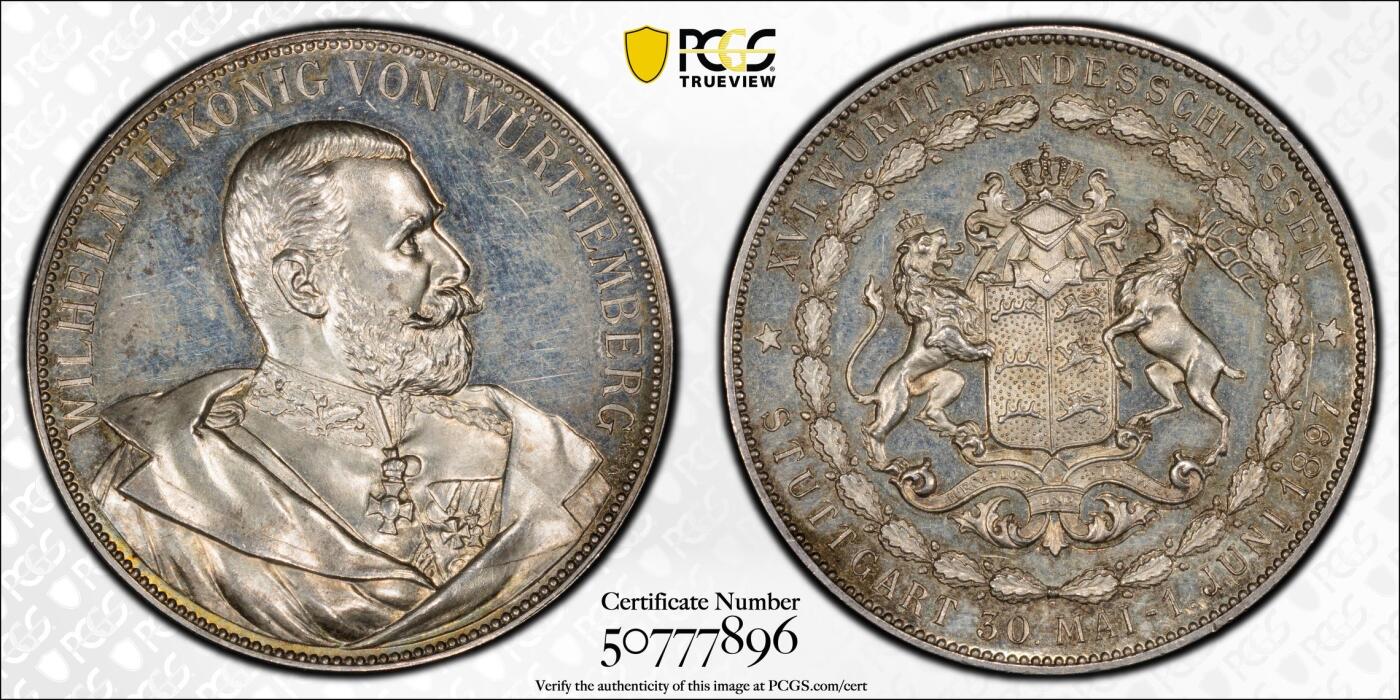 万国钱币拍卖第055期 PCGS SP62 1897年德国符腾堡威廉二世斯图加特联邦射击节纪念银章 高浮雕镜面精铸 唯一所见不带吊环 符腾堡狮鹿盾徽立体感极强 精美收藏品质