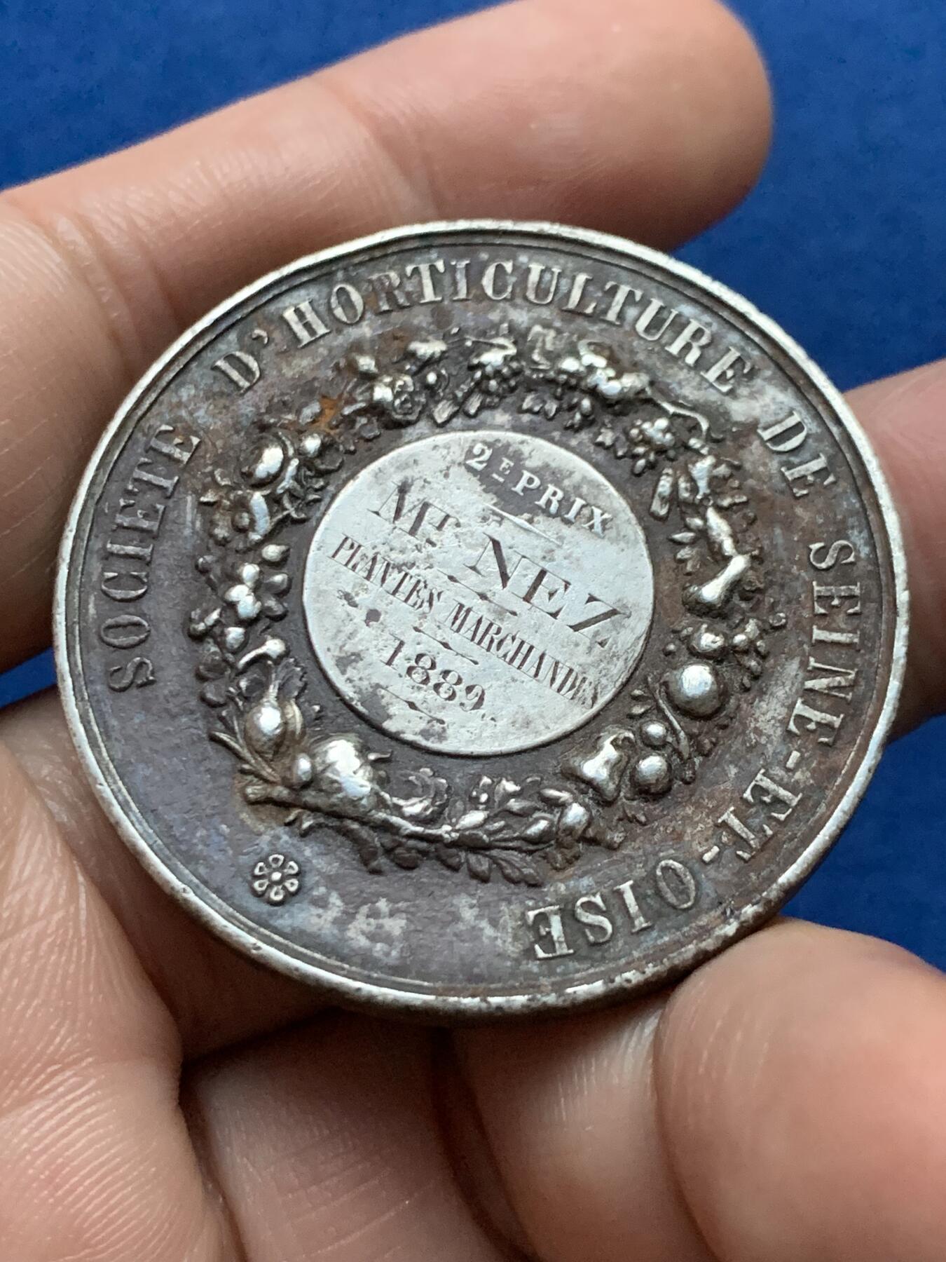 《竞宝斋》第439场 周日，周一，周二 3场连拍 （全场包邮） 1889年法国园艺协会银章 37克 41.8mm 带盒