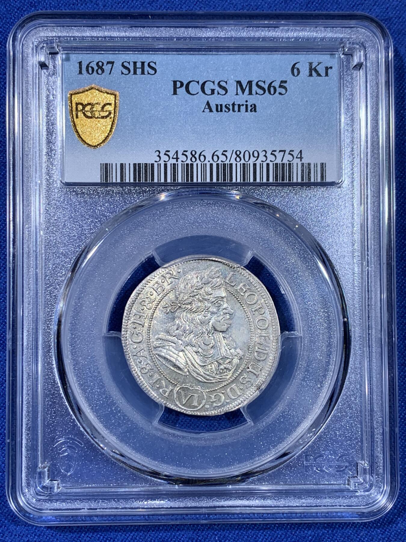 《竞宝斋》第439场 周日，周一，周二 3场连拍 （全场包邮） PCGS MS65 神圣罗马帝国1686年利奥波德皇帝6克鲁泽银币 冠军分，无与伦比的光泽和品相，极其难得，唯一评级记录，波兰布雷斯劳厂铸造