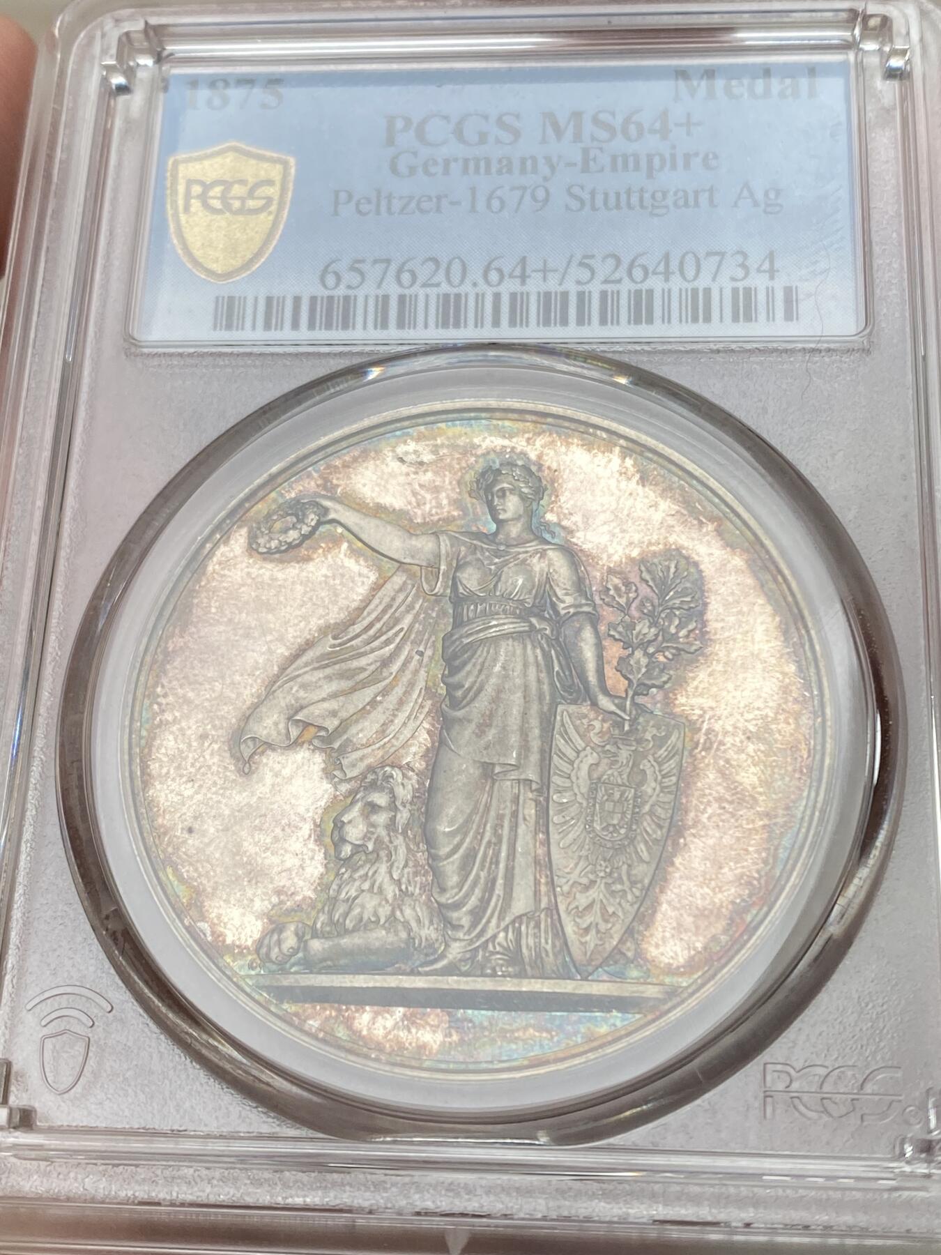 万国钱币拍卖第055期 PCGS MS64+ 1875年德国符腾堡-斯图加特联邦射击节大银章 少见德射品种 高浮雕天鹅绒七色彩光镜面 德意志顶级工艺