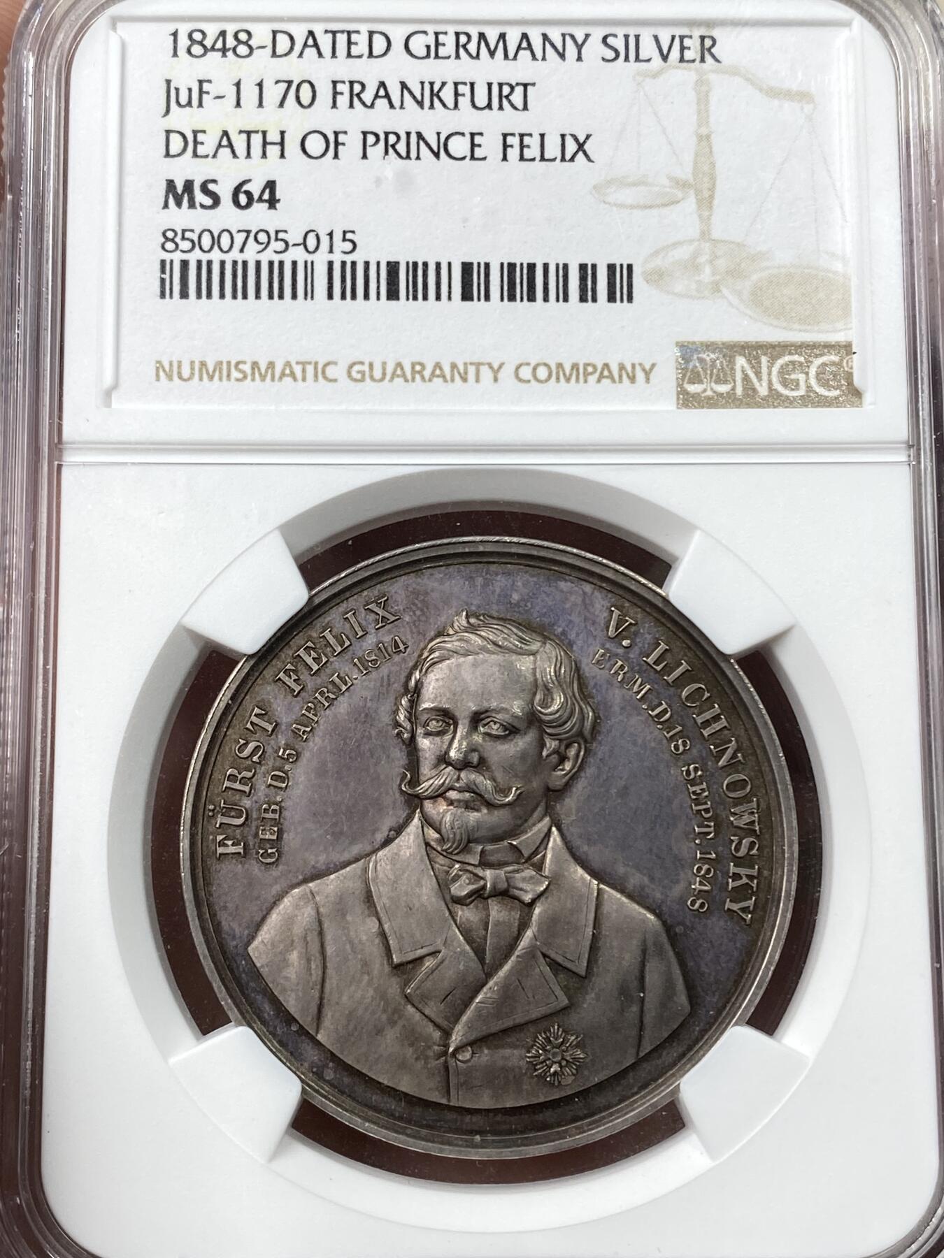 万国钱币拍卖第055期 NGC MS64 1848年德国美茵河畔法兰克福纪念利希诺夫斯基伯爵费利克斯在欧洲大革命时期被暗杀大银章 德伦特韦特设计双橡树双头鹰 目前仅见品种 NGC唯一冠军分 极罕见设计 欧陆五彩包浆收藏品质