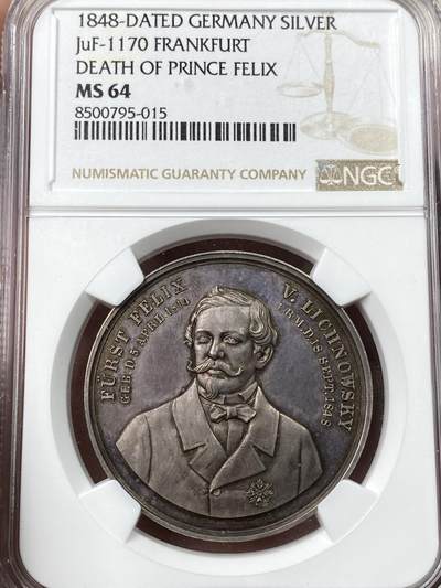 万国钱币拍卖第055期 - NGC MS64 1848年德国美茵河畔法兰克福纪念利希诺夫斯基伯爵费利克斯在欧洲大革命时期被暗杀大银章 德伦特韦特设计双橡树双头鹰 目前仅见品种 NGC唯一冠军分 极罕见设计 欧陆五彩包浆收藏品质