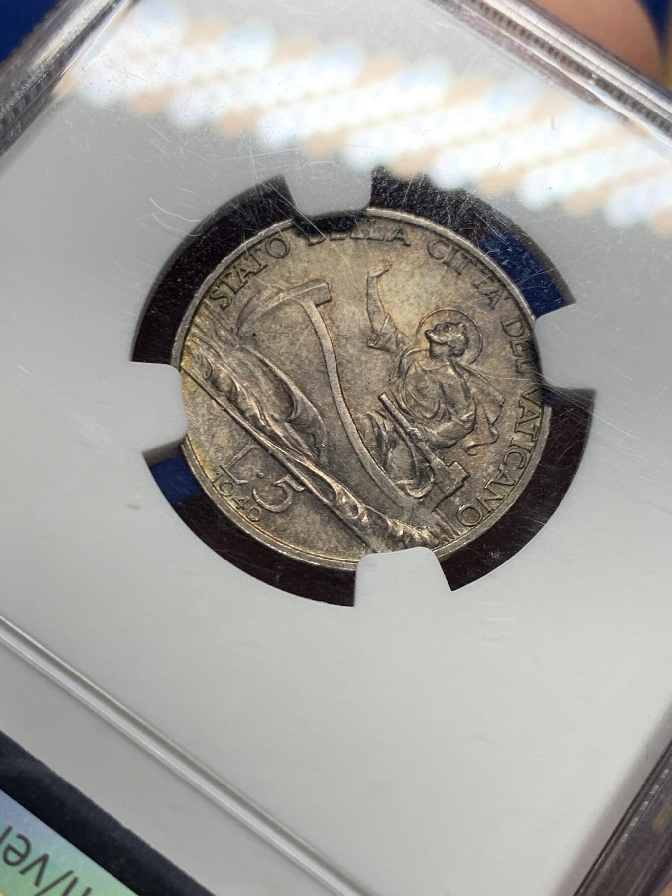 《竞宝斋》第439场 周日，周一，周二 3场连拍 （全场包邮） NGC MS63 教皇国梵蒂冈1940庇护十二世5里拉银币