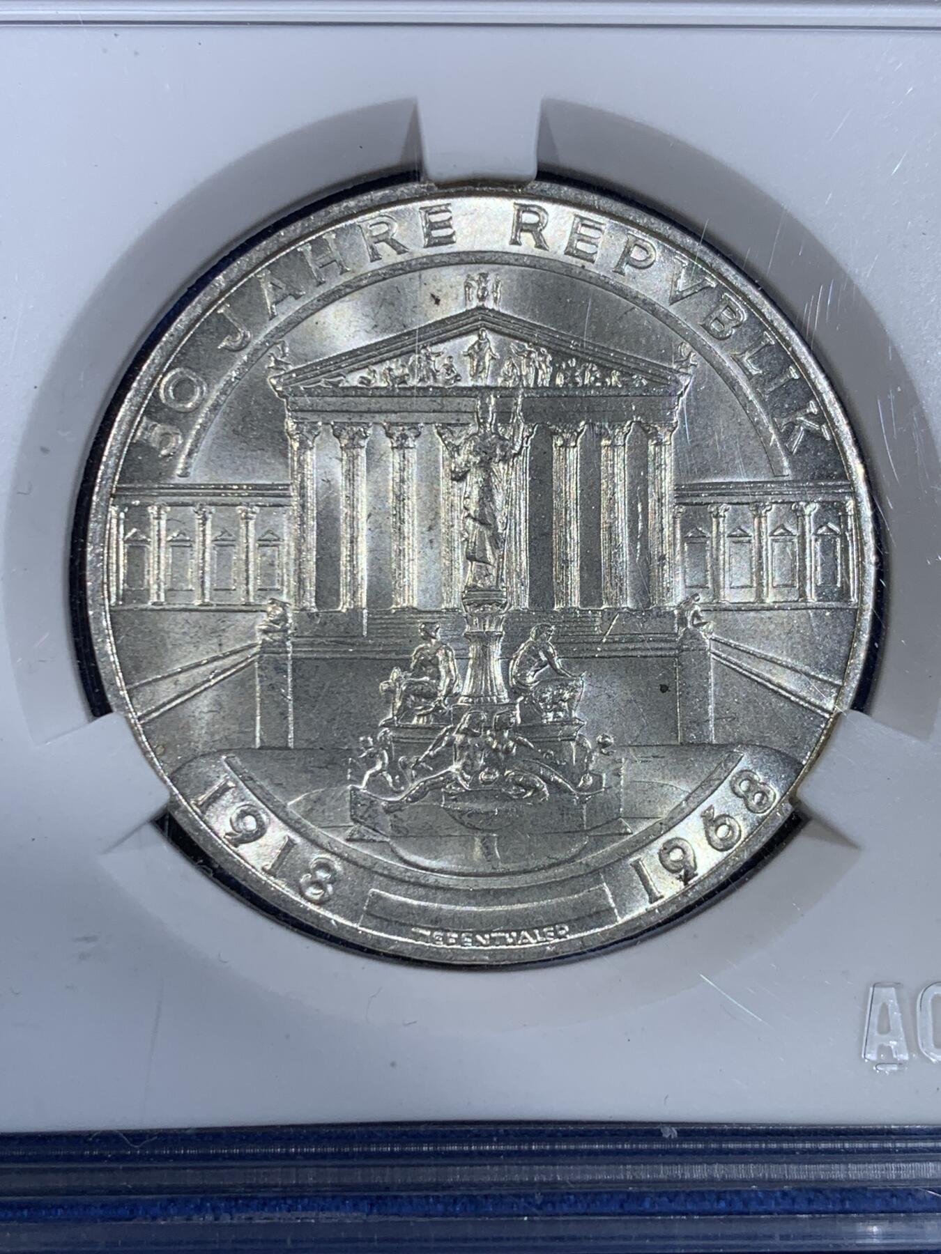 《竞宝斋》第439场 周日，周一，周二 3场连拍 （全场包邮） ACG MS65 奥地利共和国1968年50周年纪念银币 好品转光