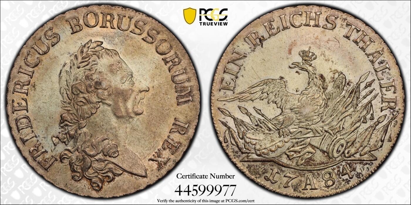 万国钱币拍卖第055期 PCGS MS62 1784年德国普鲁士腓特烈大帝腓特烈二世鹰炮大泰勒 普鲁士大名誉品种 全深打原光原味 PC冠军分&官网广告币