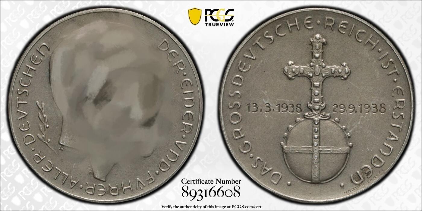 万国钱币拍卖第055期 PCGS SP64 1938年德国民族社会主义工人党纪念吞并奥地利银章 C-114 MATTE磨砂原味包浆 边835 （原图请私信后台或自行查询官网）