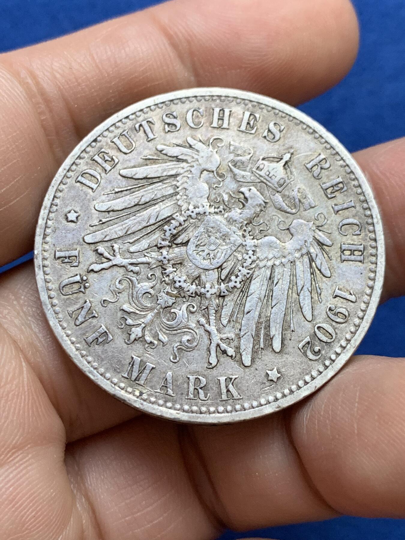 《竞宝斋》第439场 周日，周一，周二 3场连拍 （全场包邮） 德国1902年普鲁士5马克A厂 原味包浆