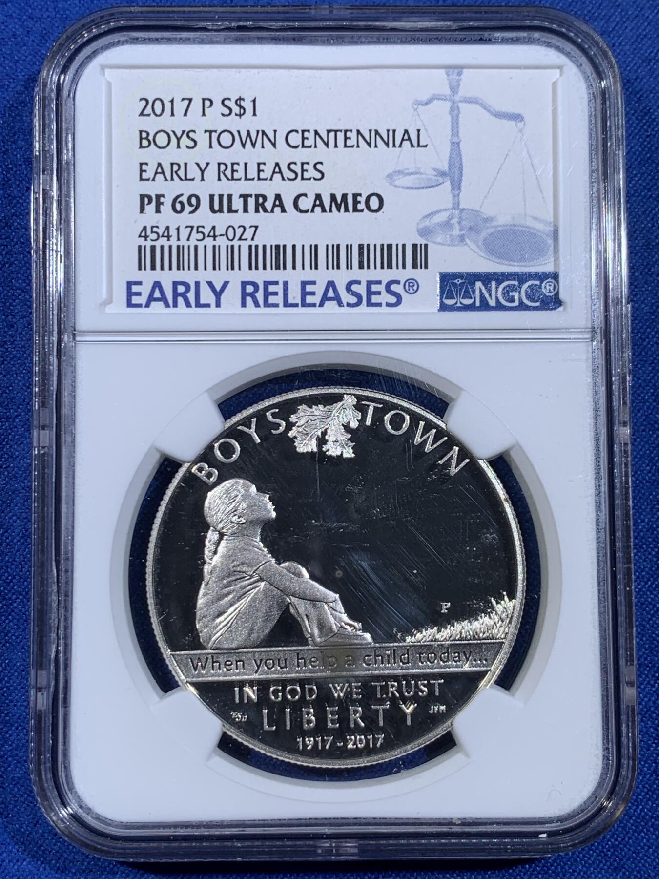《竞宝斋》第439场 周日，周一，周二 3场连拍 （全场包邮） NGC PF69UC 美国2017年1美元精制银币 男孩镇百年（2019年克劳斯最富激情奖） 早期蓝标