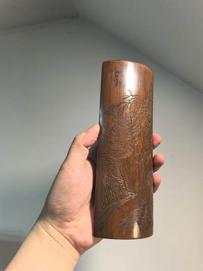 老竹雕风景诗文臂搁镇纸摆件 双面雕工