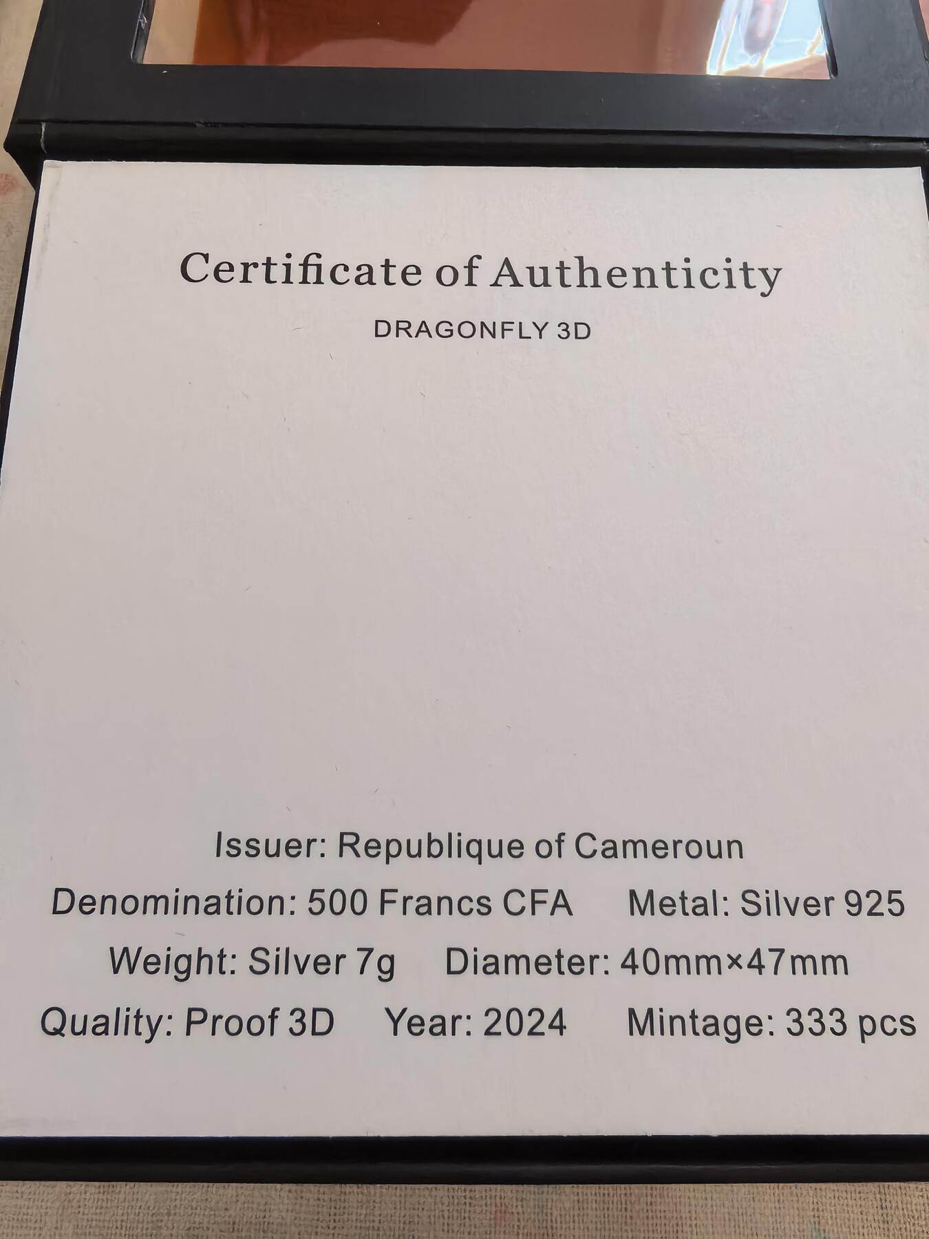 长老汇蛇年精选第七十四场拍卖 2024喀麦隆蜻蜓500法郎异形精制3D银币，7克925银，盒证全，333枚