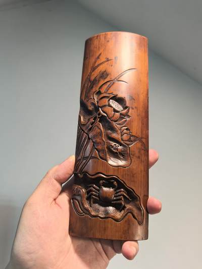 老竹雕臂搁镇纸摆件清趣图河蟹图 