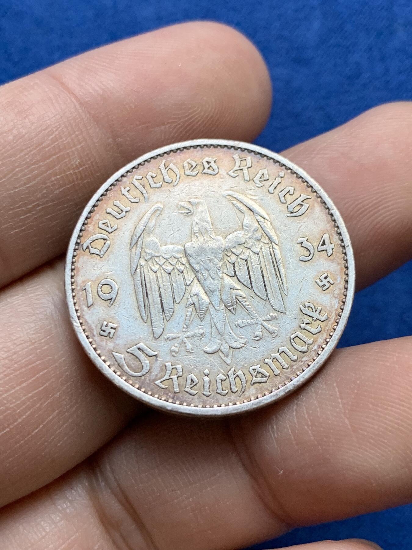 《竞宝斋》第439场 周日，周一，周二 3场连拍 （全场包邮） 德国1934年波茨坦教堂带字5马克银币