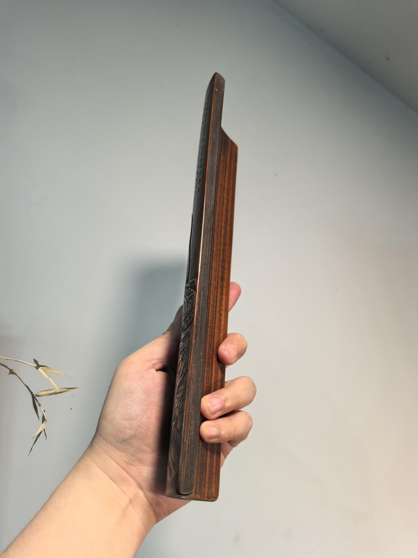 兰馨堂古玩杂项专场 竹雕诗文达摩图臂搁镇纸摆件 