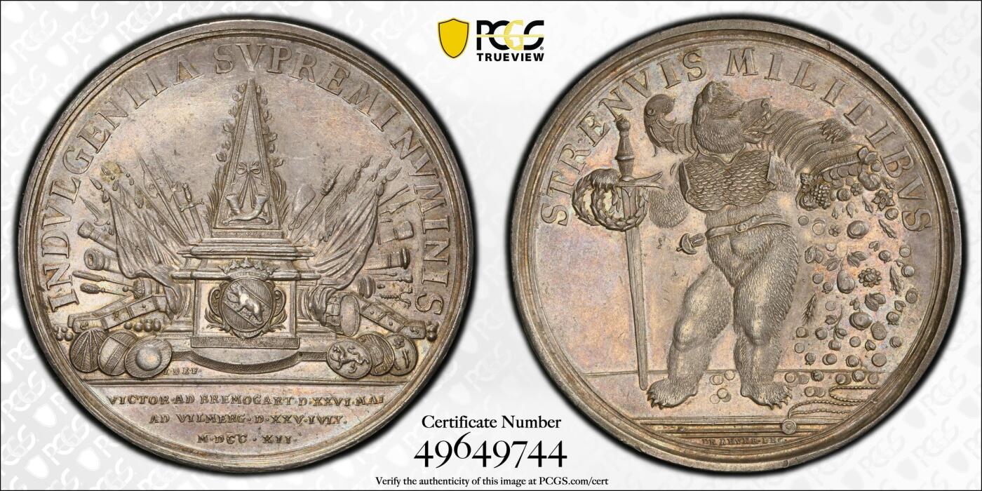 万国钱币拍卖第055期 PCGS MS62 1712年瑞士伯尔尼授予托根堡战役中日内瓦和穆蒂埃·格兰瓦尔的苏库尔部队士官纪念大银章 早期瑞士高浮雕 熊甲与熊毛极其精细亮眼 青灰色包浆高点完美 巨型大规格55MM 