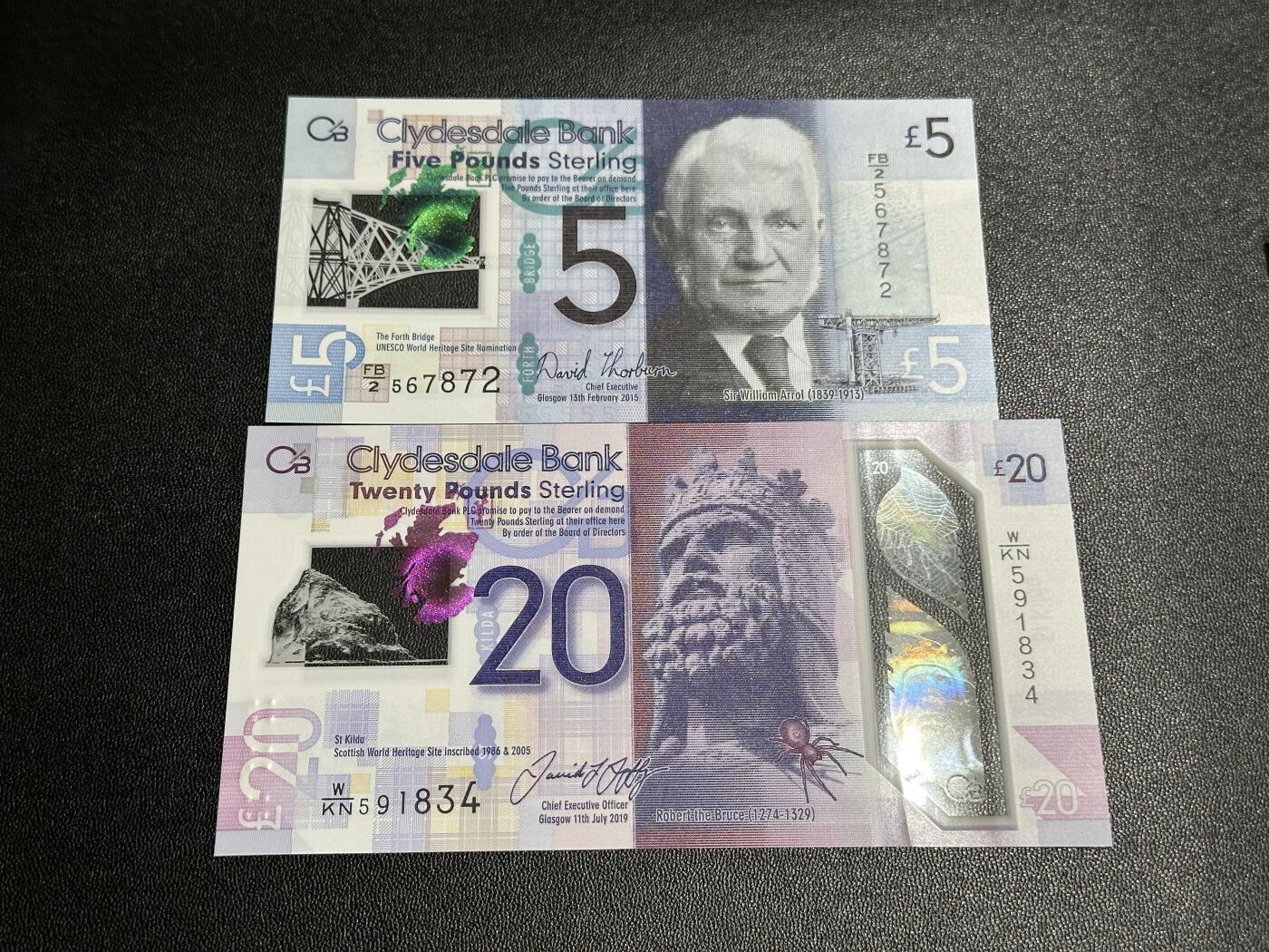 《外钞收藏家》第五百八十六期（品种丰富、精品多）（本平台长期征集拍品、欢迎藏友们联系合作） 2015年苏格兰克莱斯戴尔银行5镑+2005年20镑 2张一起 全新UNC