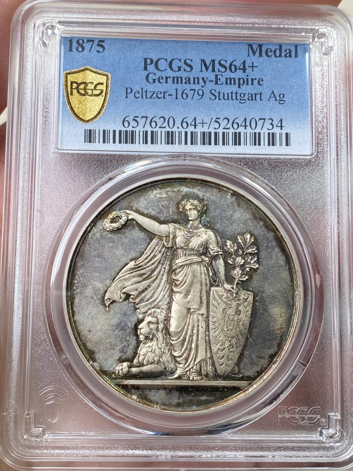 万国钱币拍卖第055期 PCGS MS64+ 1875年德国符腾堡-斯图加特联邦射击节大银章 少见德射品种 高浮雕天鹅绒七色彩光镜面 德意志顶级工艺