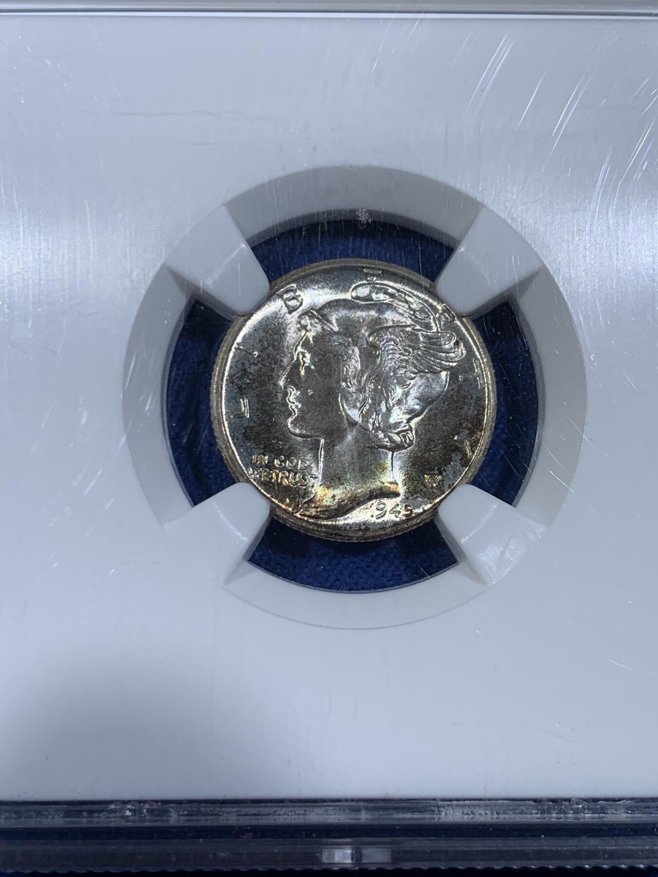 《竞宝斋》第439场 周日，周一，周二 3场连拍 （全场包邮） NGC MS66 美国 1945年D版 小飞人 10美分银币