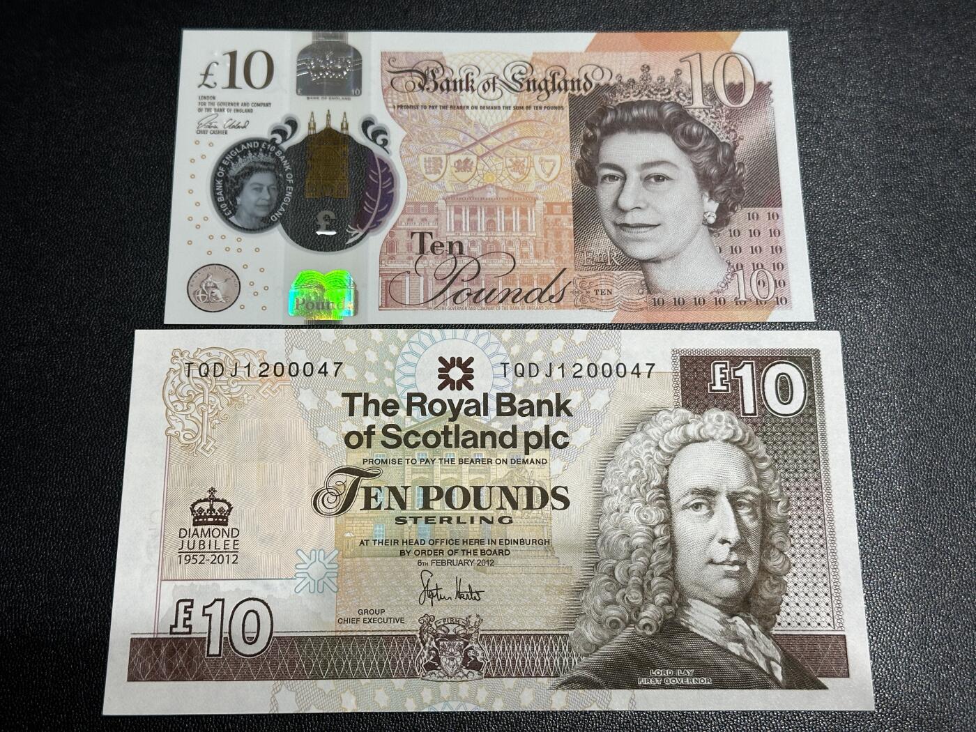 《外钞收藏家》第五百八十六期（品种丰富、精品多）（本平台长期征集拍品、欢迎藏友们联系合作） 英国女王版10镑塑料钞AU品相+苏格兰10镑全新不绝如图