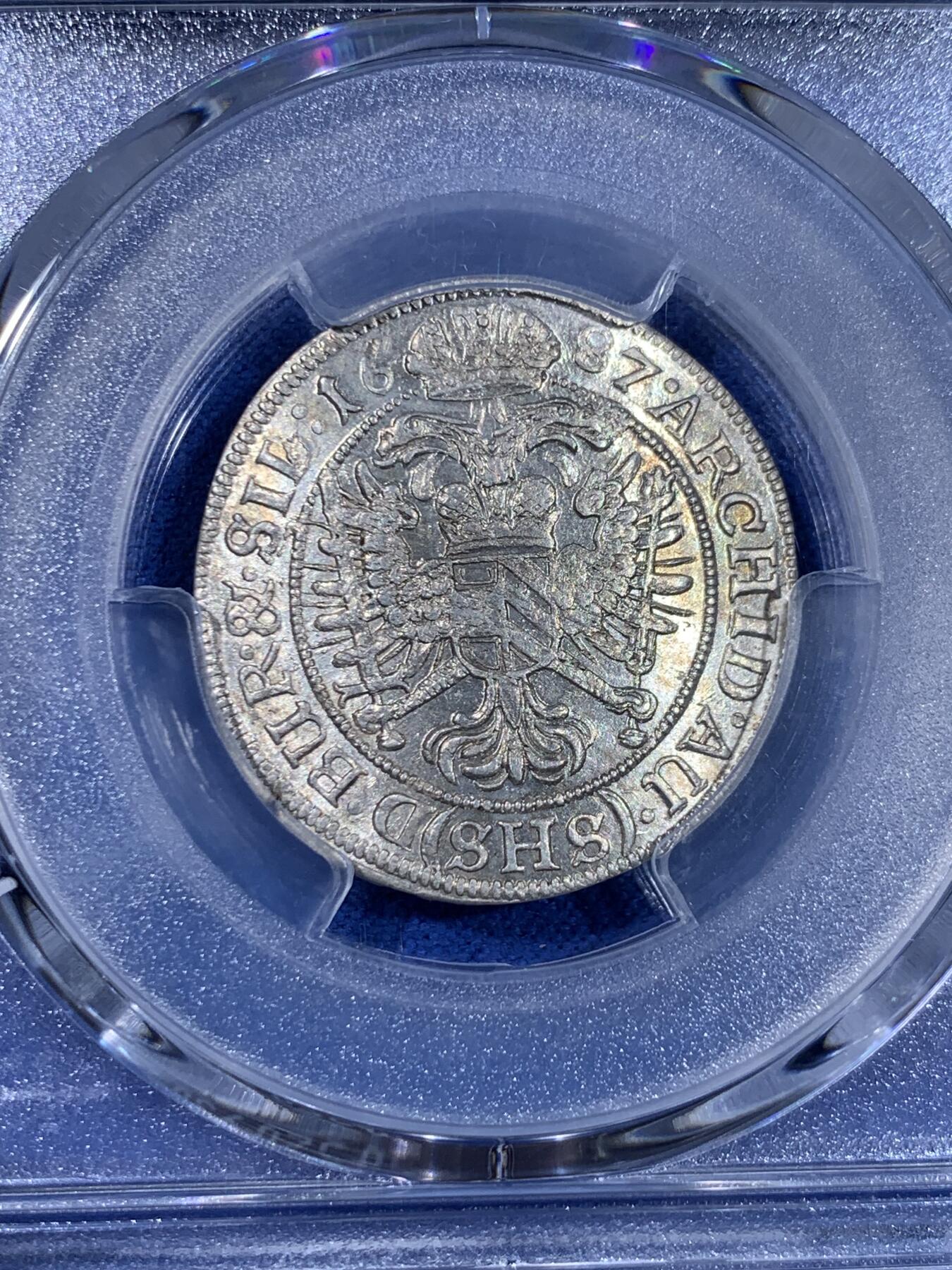 《竞宝斋》第439场 周日，周一，周二 3场连拍 （全场包邮） PCGS MS65 神圣罗马帝国1686年利奥波德皇帝6克鲁泽银币 冠军分，无与伦比的光泽和品相，极其难得，唯一评级记录，波兰布雷斯劳厂铸造