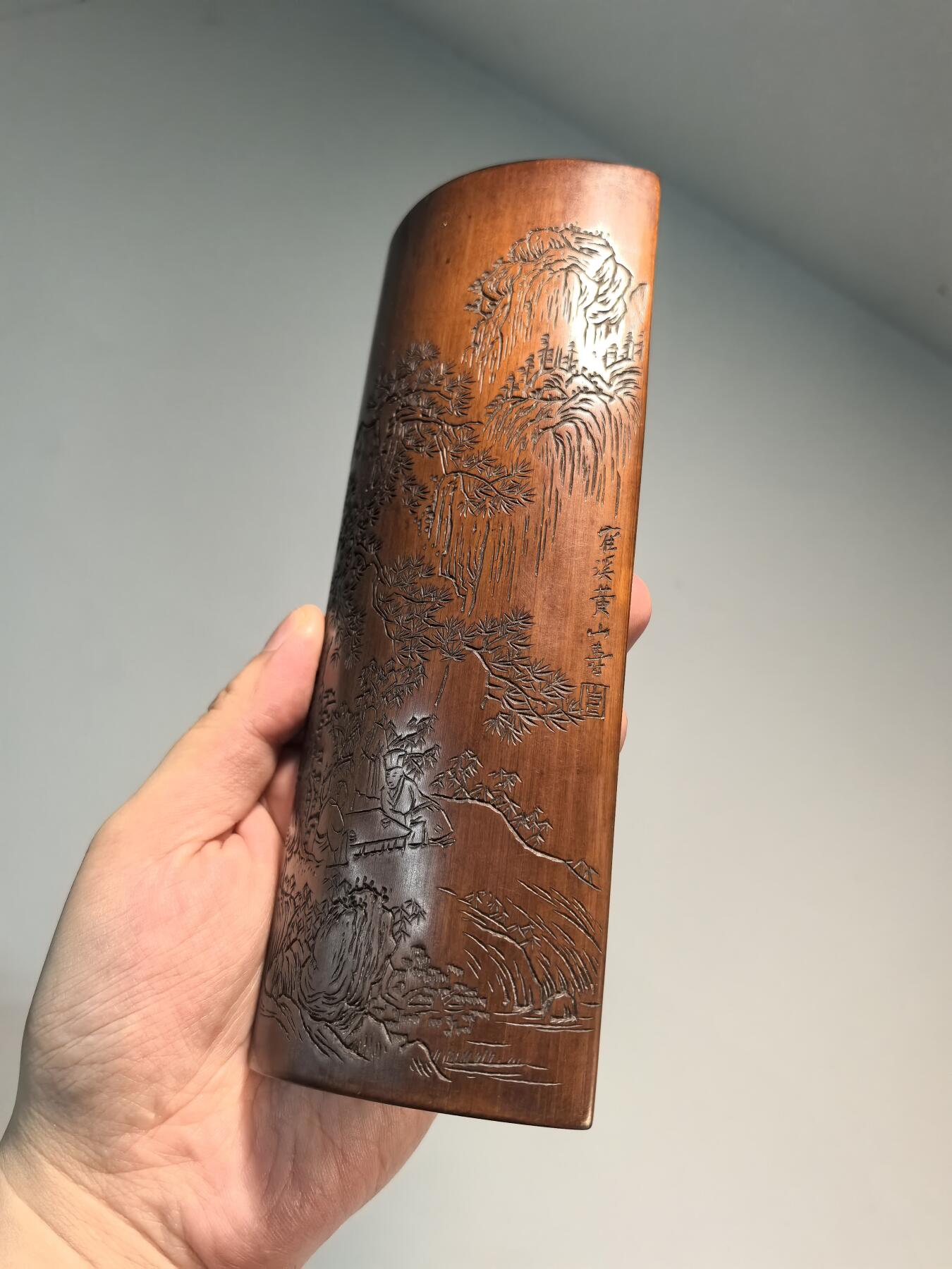 兰馨堂古玩杂项专场 老竹雕风景诗文双面臂搁镇纸摆件 