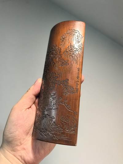 老竹雕风景诗文双面臂搁镇纸摆件 