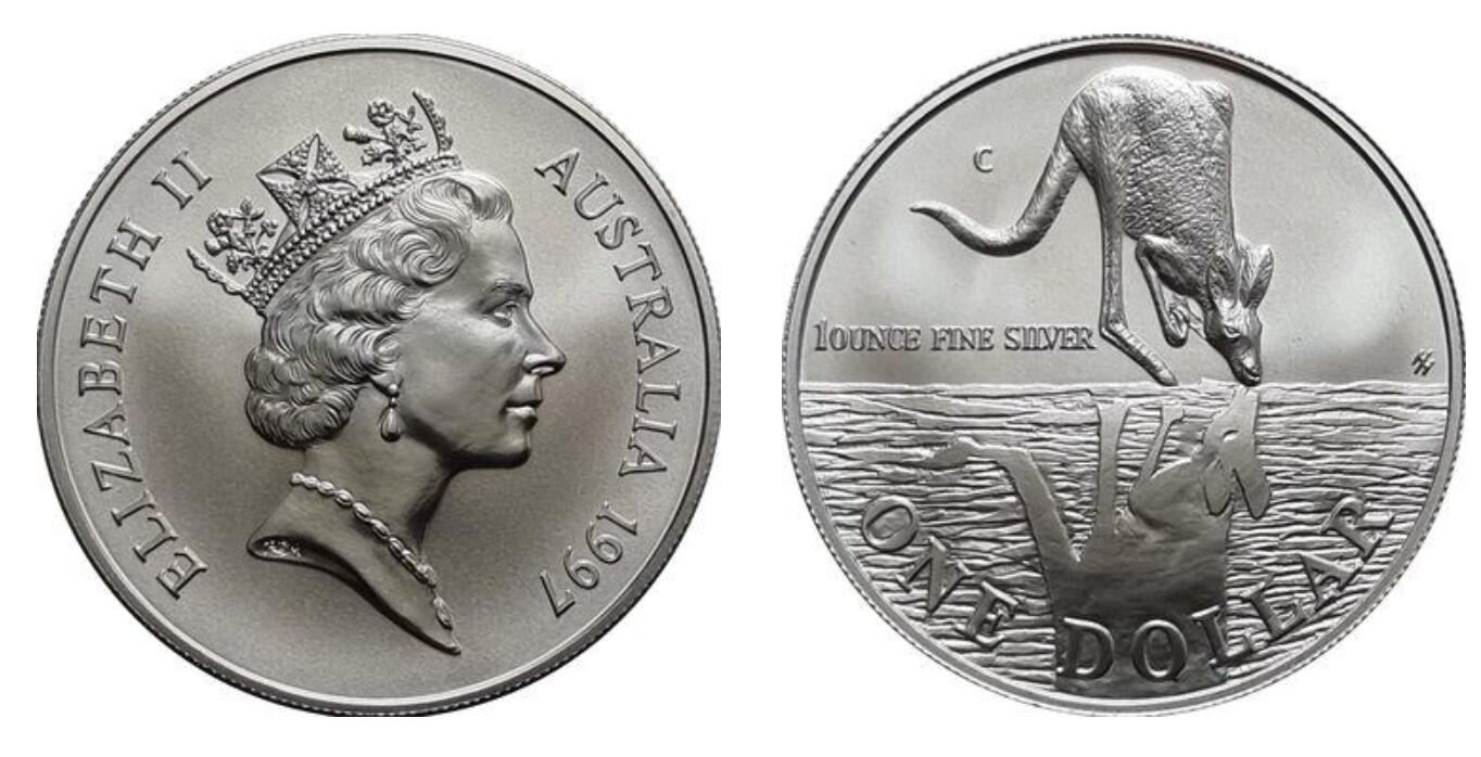 PThappally收藏第54次拍卖，英联邦地区硬币纸币 澳大利亚 1997 1元 袋鼠主题  1 盎司纯银纪念币 TQG MS 70