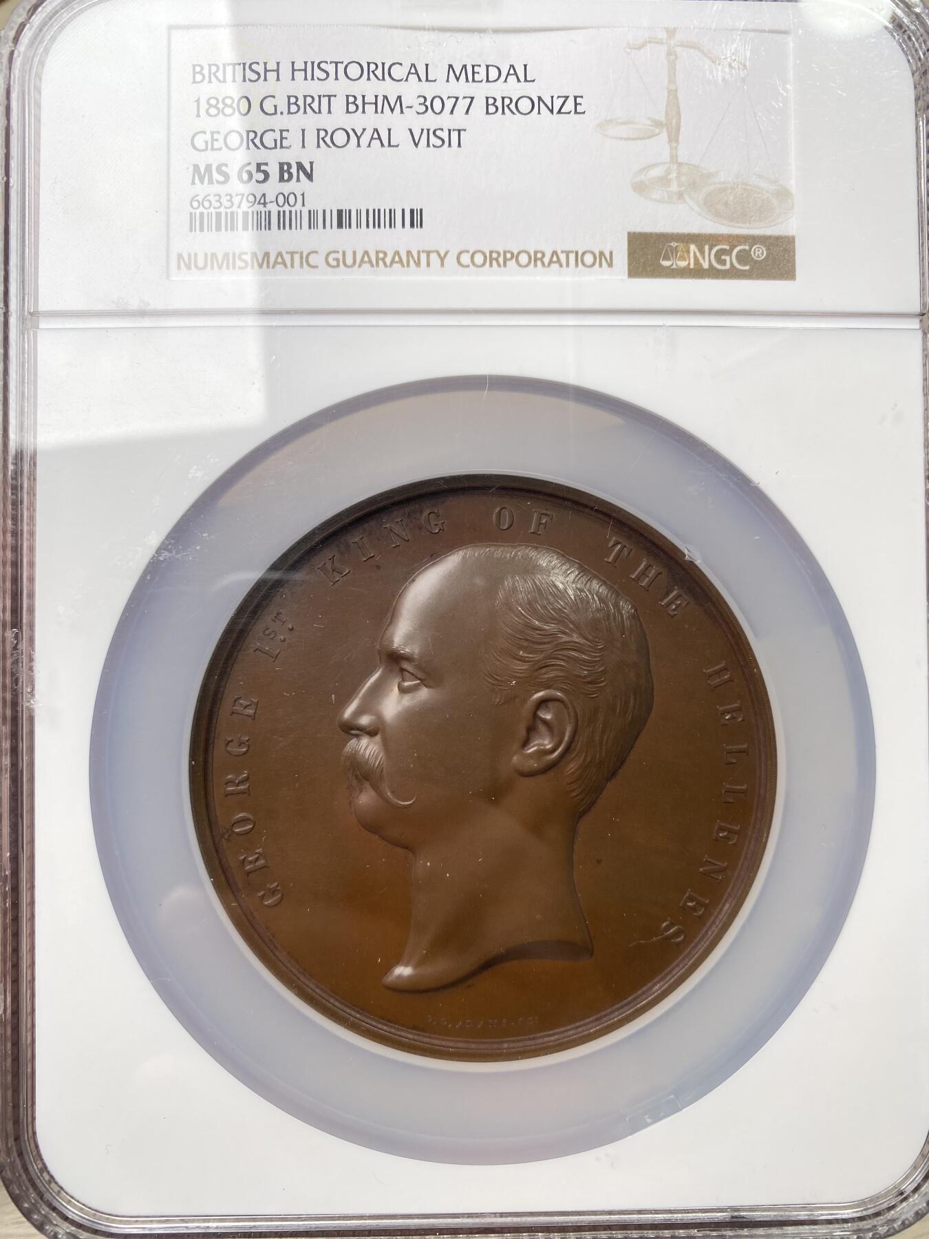 万国钱币拍卖第055期 NGC MS63 1880年英国纪念希腊国王乔治一世访问伦敦大铜章 乔治一世侧像 背面不列颠尼娅与伦敦尼娅欢迎希腊女神 女神身后为帕特农神庙和圣保罗大教堂 76MM巨型名誉珍惜品种