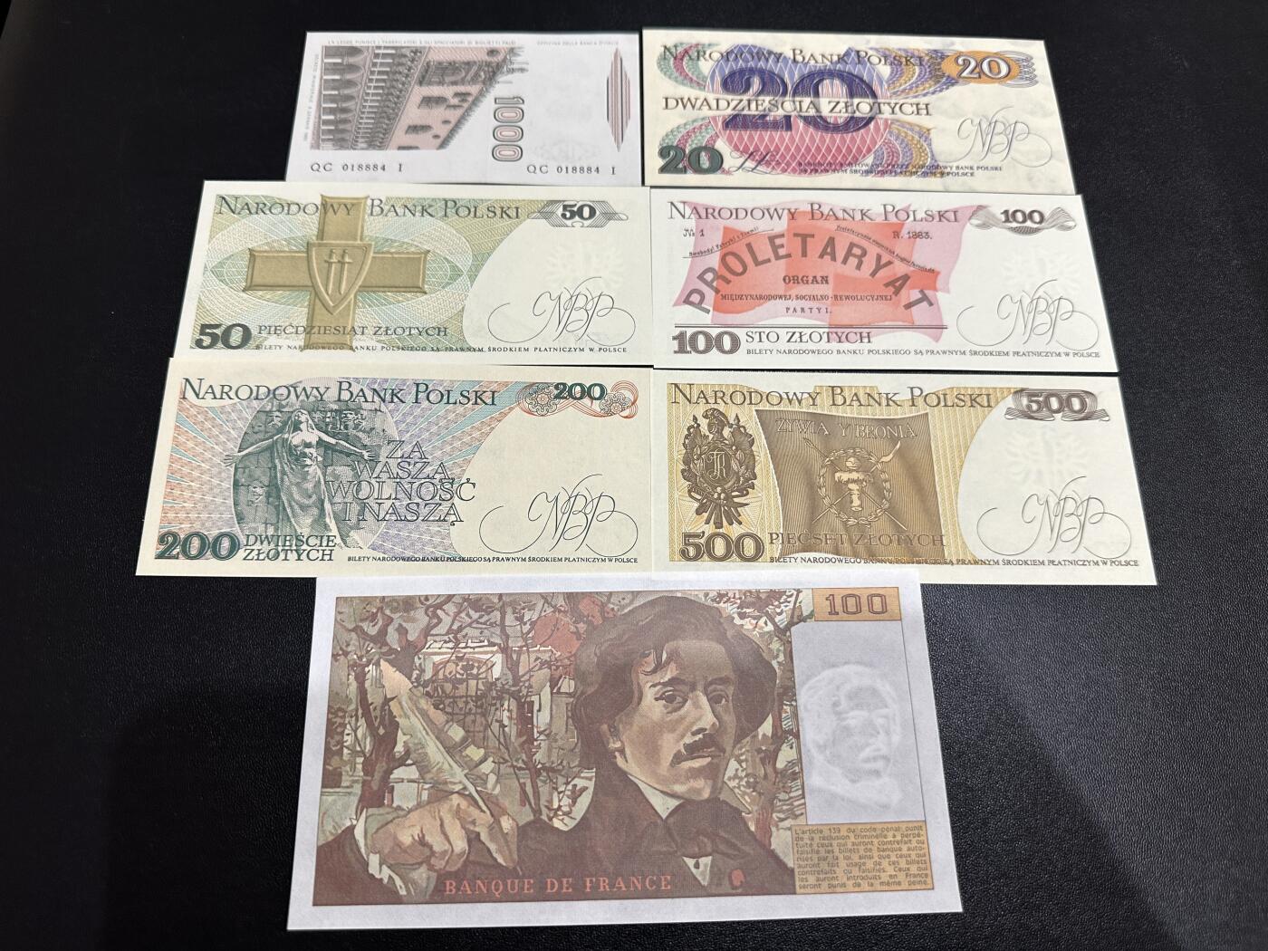 《外钞收藏家》第五百八十六期（品种丰富、精品多）（本平台长期征集拍品、欢迎藏友们联系合作） 意大利1000里拉、法国100法郎（轻微不绝）+波兰5张 一起全新 