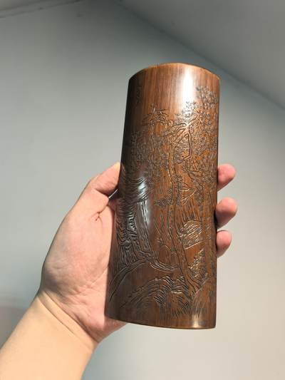 老竹雕风景诗文臂搁镇纸摆件 双面雕工
