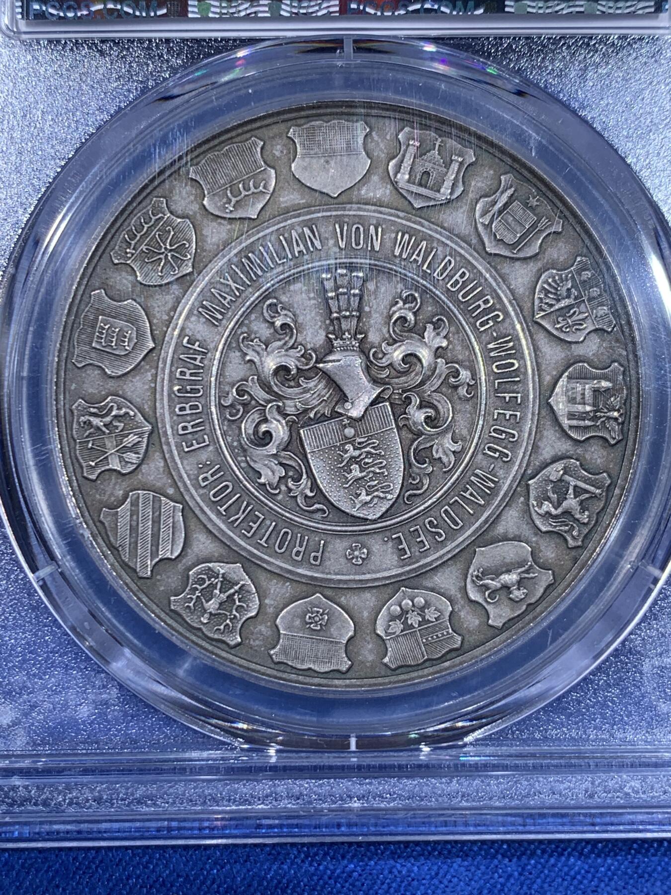 《竞宝斋》第439场 周日，周一，周二 3场连拍 （全场包邮） PCGS MS64 德国 1905年 上斯瓦比亚射击联盟成立50周年 纪念银章 景观细致 背面的15个城市徽章环绕 3圈设计 极美
