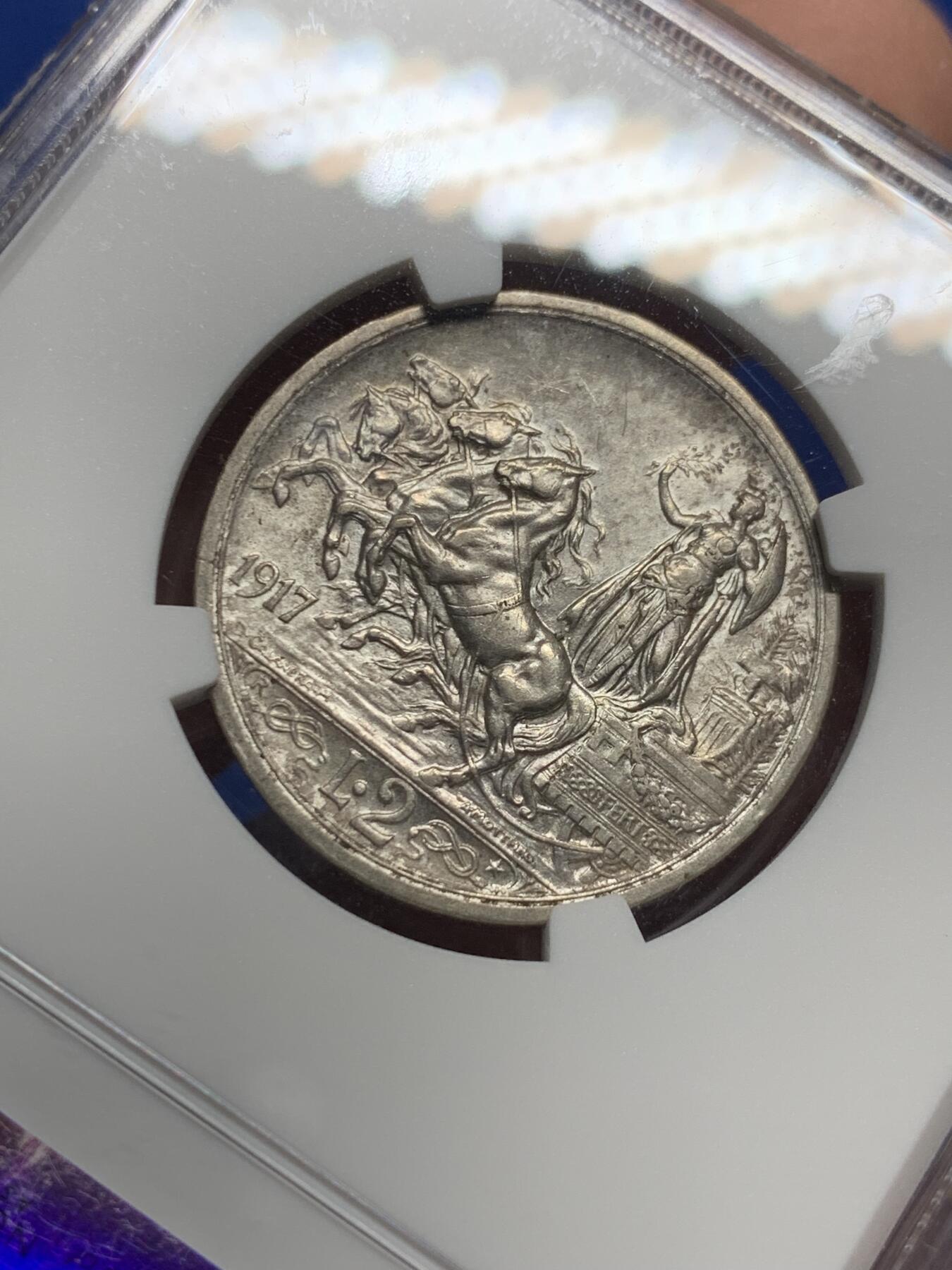 《竞宝斋》第439场 周日，周一，周二 3场连拍 （全场包邮） NGC AU58 意大利 1917年 2里拉 马车 银币 最稀少年份 总量仅为其他年份约1/4 系列难点