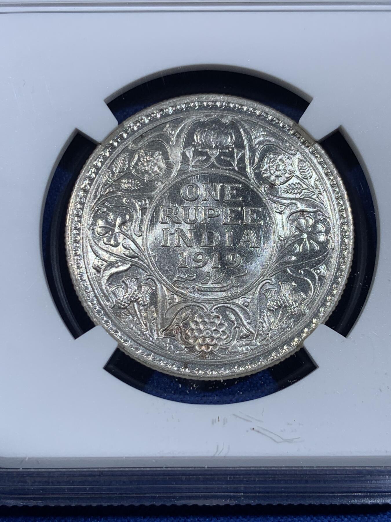 《竞宝斋》第439场 周日，周一，周二 3场连拍 （全场包邮） NGC MS61 英属印度 1919年 乔治五世 1卢比 银币 卷拆品 上n低评级 全原光品