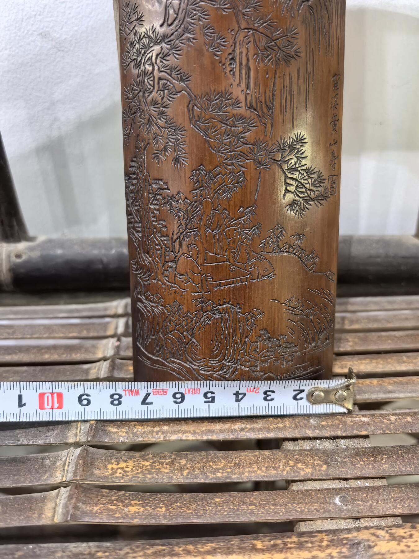 兰馨堂古玩杂项专场 老竹雕风景诗文双面臂搁镇纸摆件 