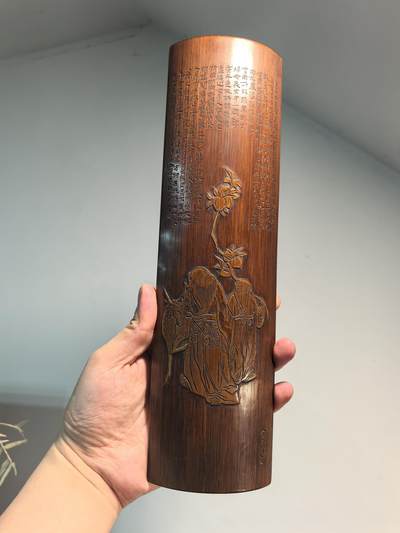 兰馨堂古玩杂项专场 - 老竹雕诗文合和二仙诗文臂搁镇纸摆件 