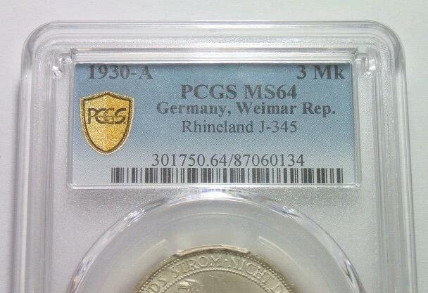 【银】PCGS MS64 德国魏玛1930年莱茵解放3马克纪念银币 开卷丝绸原光