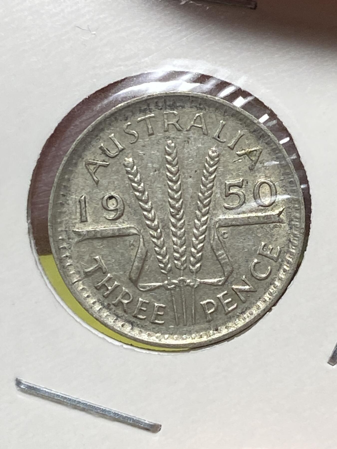 2025年第一百三十场(总第一百五十六场）外国好品纸夹散币场(免佣金) 澳大利亚🇦🇺1950年3便士银币(乔治六世第三版，m版墨尔本造，500银)