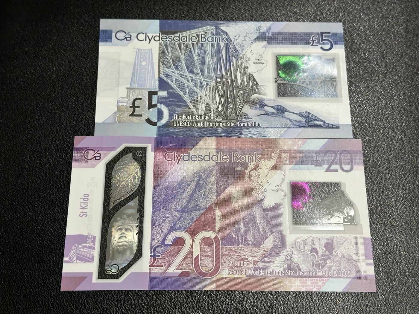 《外钞收藏家》第五百八十六期（品种丰富、精品多）（本平台长期征集拍品、欢迎藏友们联系合作） 2015年苏格兰克莱斯戴尔银行5镑+2005年20镑 2张一起 全新UNC