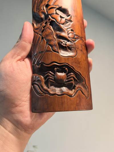 老竹雕臂搁镇纸摆件清趣图河蟹图 