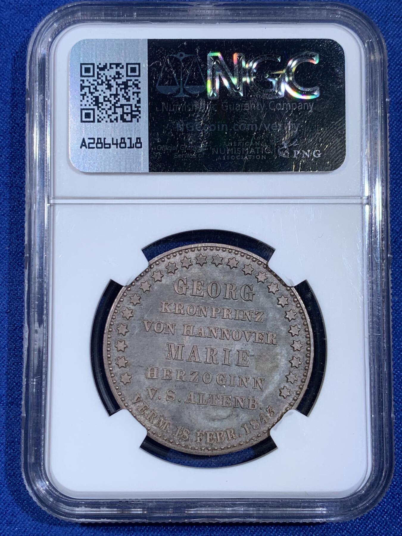 《竞宝斋》第439场 周日，周一，周二 3场连拍 （全场包邮） 亚军分 NGC MS64 德国 1843年 汉诺威王国 奥古斯特一世 皇家婚礼纪念泰勒 仅1010枚的发行量