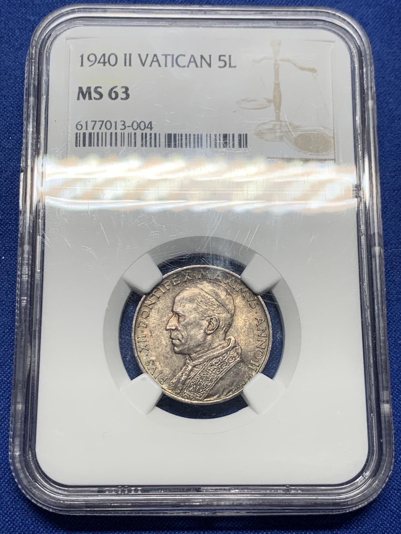 《竞宝斋》第439场 周日，周一，周二 3场连拍 （全场包邮） NGC MS63 教皇国梵蒂冈1940庇护十二世5里拉银币