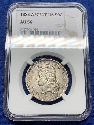 《竞宝斋》第439场 周日，周一，周二 3场连拍 （全场包邮） - NGC AU58 阿根廷1883年自由女神50分银币 酱彩金五彩老黑包浆，深打有细节
