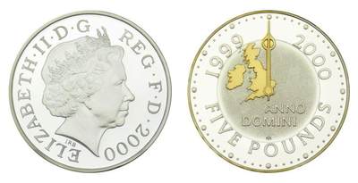 PThappally收藏第54次拍卖，英联邦地区硬币纸币 - 英国 2000 年 “千禧年” 5 英镑 28.28g 999 纯银纪念币 TQG PF66UC